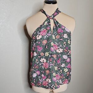 NWT LOFT Floral Halter Tank Top Blouse Small Green and Pink Whimsy Floral Print